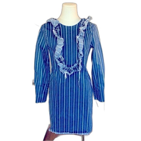 Zara Trafaluc Denim Mini Dress White Striped Ruffle Women's Size S - Picture 1 of 7
